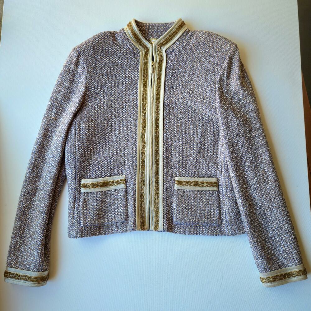 St. John Couture Womens Lilac Gold Metallic Tweed Crystal Zip Up Jacket Size 14